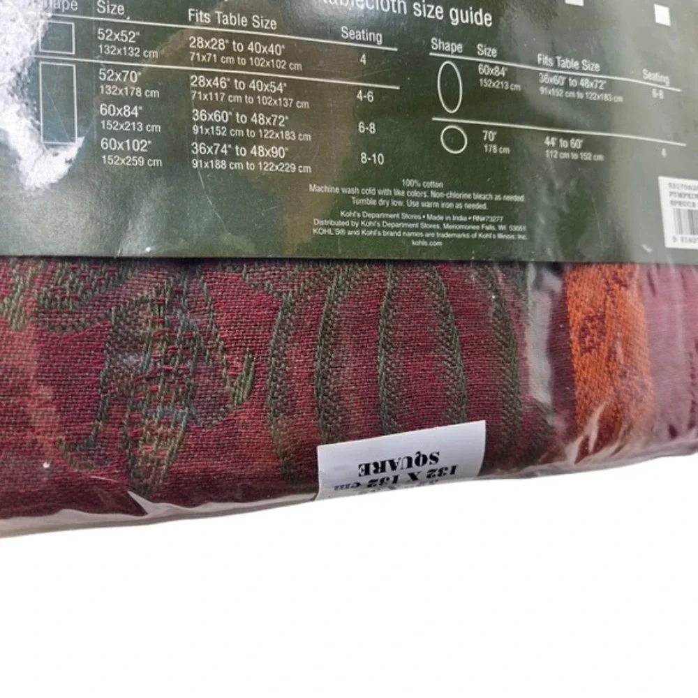Harvest Autumn Fall Thanksgiving Tablecloth Green Woven Cotton 52 x 52‎ Square